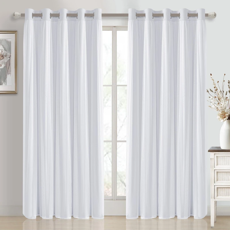 DWCN White Blackout Curtains with Sheer Overlay with Tiebacks 84 Inch Long