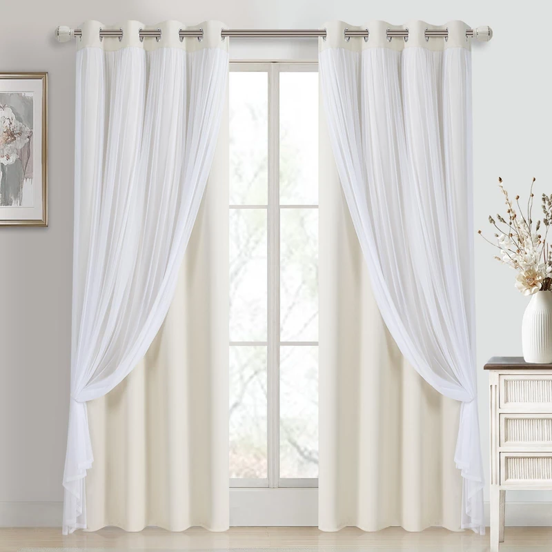DWCN Blackout and Sheer Curtains with Tiebacks Layered Curtains for Living Room Grommet Top Window Curtain Panels with Sheer Overlay, 52 W by 84 L, Ivory, 2 Pieces