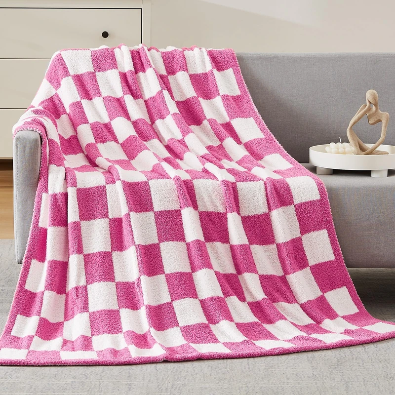 WRENSONGE Checkered Throw Blanket, Hot Pink Microfiber Soft Cozy Fluffy Warm Hand Made Throw Blankets for Couch, Sofa, Chair, Bed, Camping, Picnic, Travel Lightweight Bed Blanket - 50"*70" - Image 1