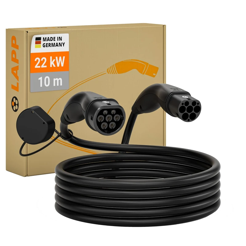 LAPP Mobility EV Charger 22 kW Type 2/32 A / 3-phase/Charging Cable for Electric Vehicle Charger, Smooth Surface / 10 Metres/black
