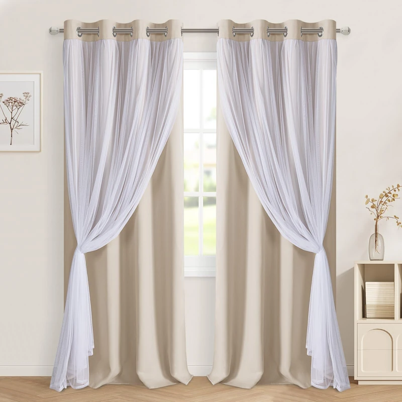 DWCN Beige Layered Curtains for Living Room Blackout and Sheer Curtains Grommet Top Window Treatment with Sheer Overlay for Bedroom, 52 W by 108 L, 2 Pieces