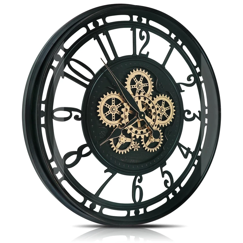 DORBOKER Moving Gears Wall Clock Large Modern Metal Clocks for Living Room Decor, Industrial Steampunk Unique Vintage Rustic Decorative Clock for Home Farmhouse Office,70cm,Black Gold Arabic