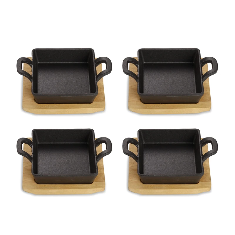 ECHTWERK Cast Iron Serving Bowl, Square Casserole Dish with Serving Board, Small Grill Pan, Pre-Seasoned, Suitable for Ovens, Grill, BBQ and Induction, Ideal for Serving, 4-Piece