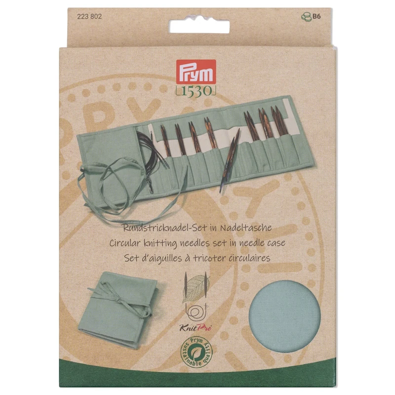 Prym 223802 Circular Knitting Needle Set Natural, 5 Wooden Needle Pairs (Sizes 3.5-8 mm) with 3 Ropes & Accessories, Sustainable Cotton Case, Smooth Needles for Effortless Knitting, Colour: Petrol