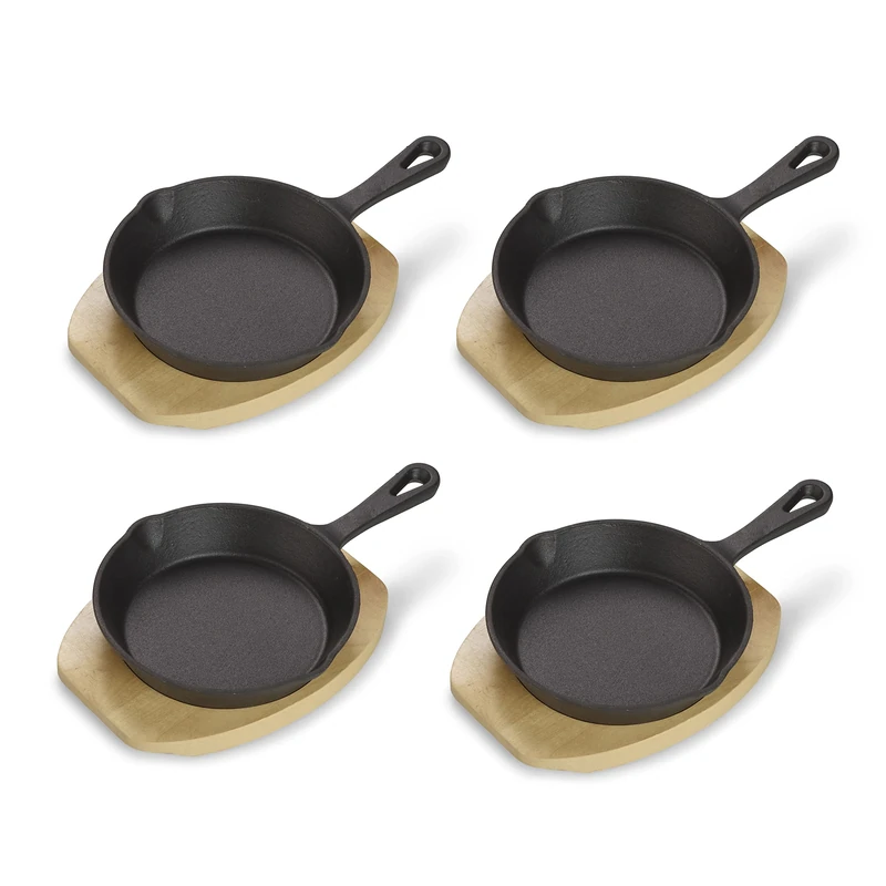 ECHTWERK Cast Iron Serving Pan Set, Mini Pan with Serving Board, Small Grill Pan, Pre-Seasoned, Suitable for Ovens, Grill and BBQ, 4-Piece