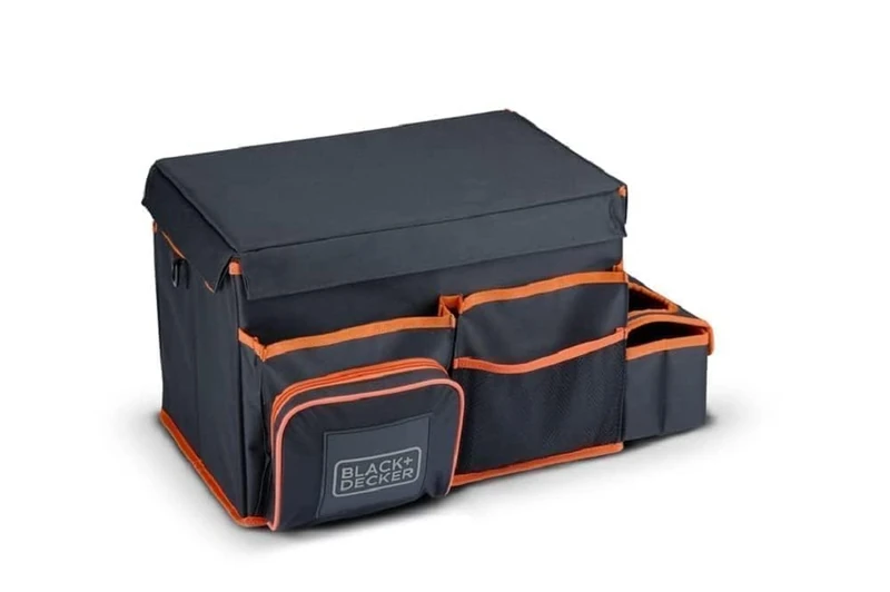 Black+Decker Car Boot Organiser - 47.5 x 25 x 30 cm - with Carry Strap - Cup Holder - Grey/Orange