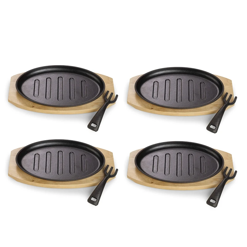 ECHTWERK Cast Iron Serving Pan with Grill Strips and Serving Board, Removable Handle, Pre-Seasoned, Suitable for Ovens, Grill, BBQ and Induction Cookers, 27 x Diameter 17.5 cm, 4 Pieces