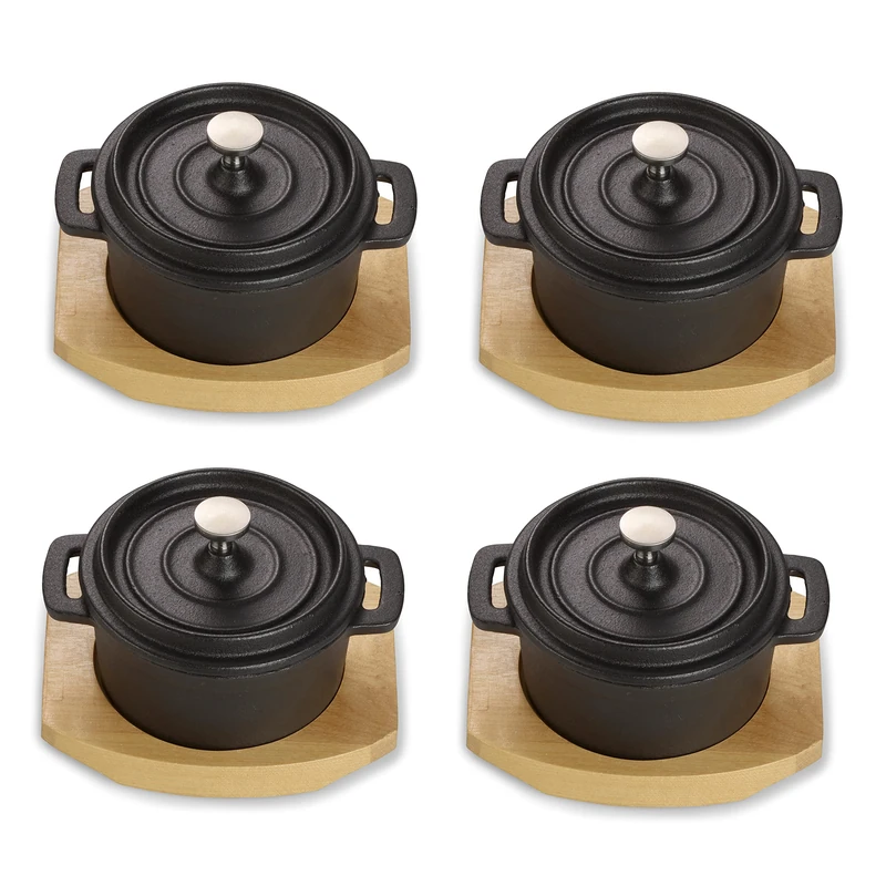 ECHTWERK Cast Iron Cooking Pot Set, Mini Cooking Pot with Serving Board, Small Roasting Tray, Pre-seasoned, Suitable for Ovens, Grill, BBQ and Induction, Ideal for Serving, 250 ml, 4-Piece