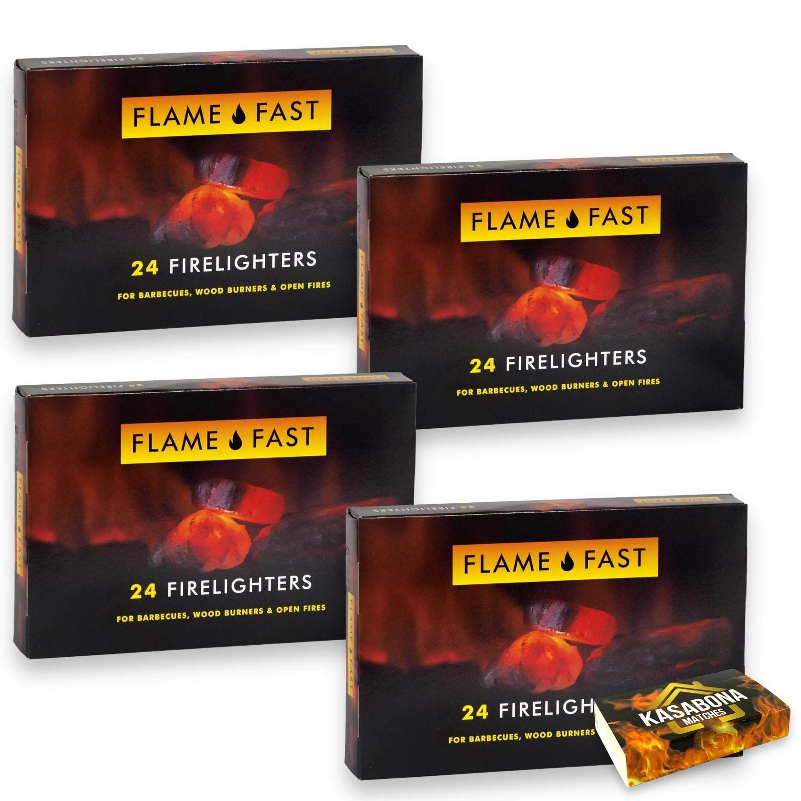 Flamefast Firelighters Bulk Pack Fire Starters - 24 Pack (96 Firelighters) with Safety Matches