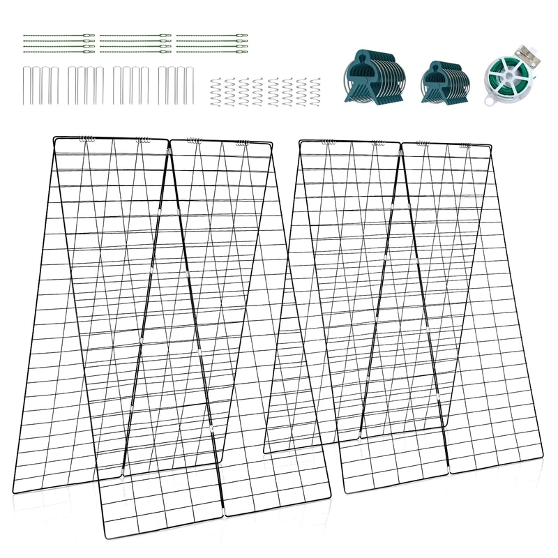 GiantexUK 2-Pack Garden Cucumber Trellis, 4x3FT A-Frame Plant Supports with Twist Tie, 8 Spiral Connectors, 12 Cable Ties, 16 Ground Stakes and 18 Clips, Outdoor Rustproof Vegetable Flowers Stand