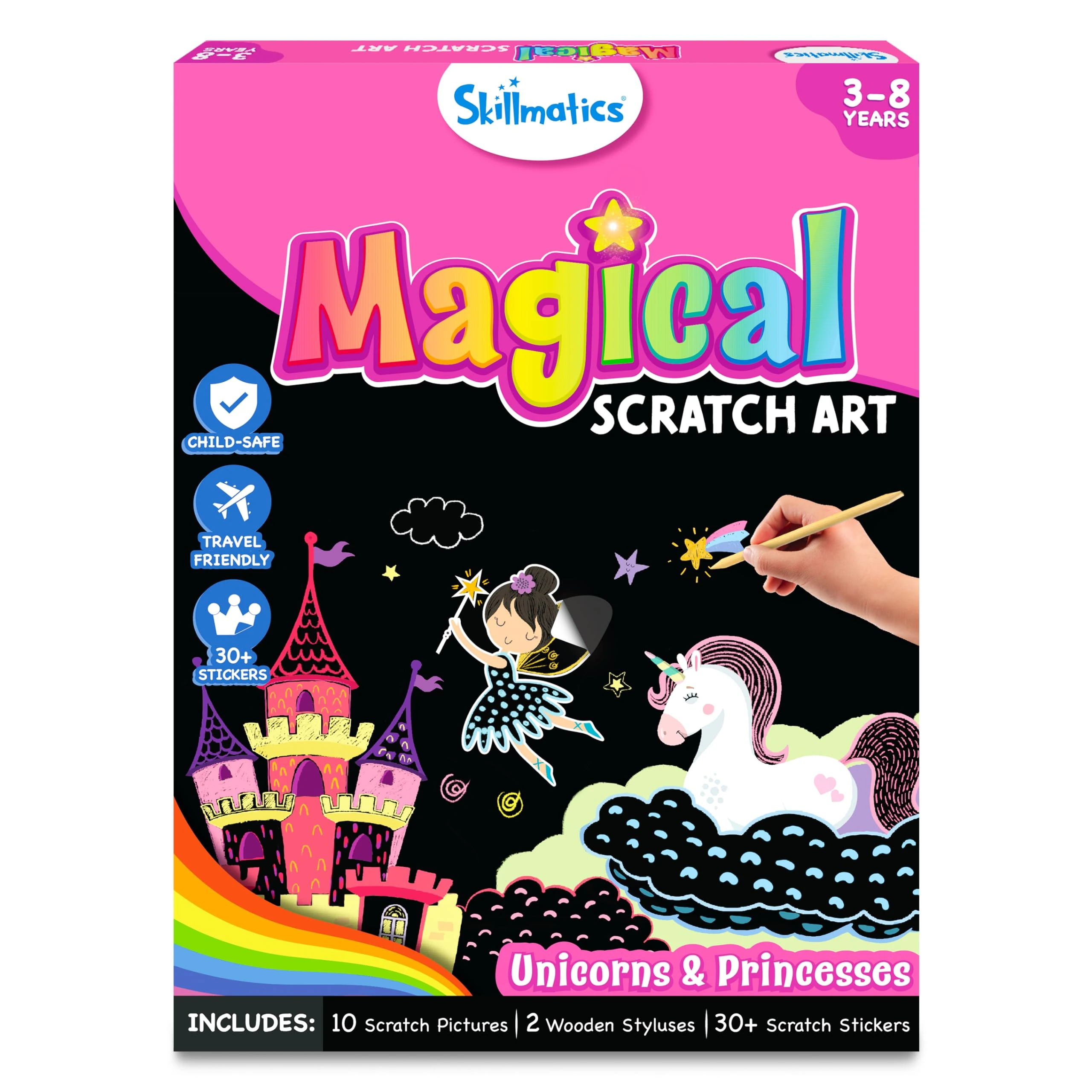 Skillmatics Scratch Art Book for Kids - Unicorns & Princesses, DIY Craft Kits, Christmas Stocking Stuffers, 30+ Scratch Stickers, Travel Toys, Gifts for Girls & Boys Ages 3, 4, 5, 6, 7, 8