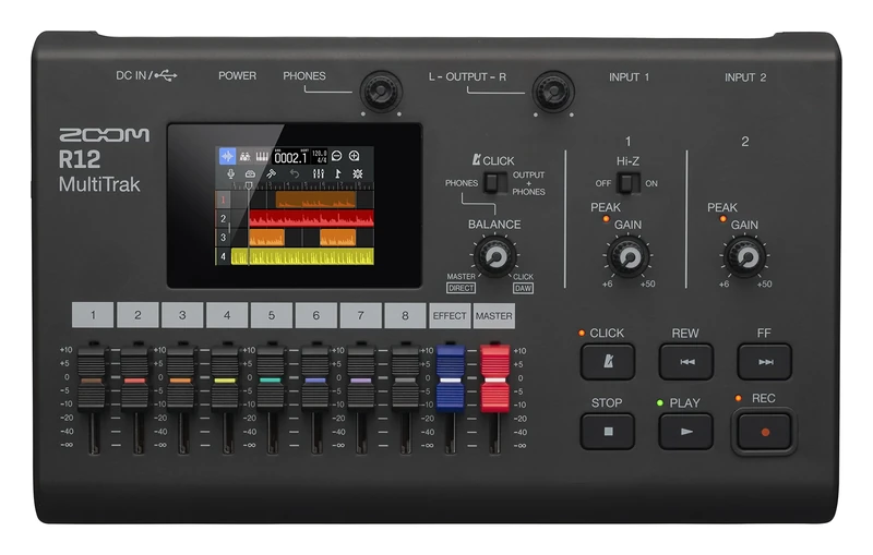 ZOOM R12 MultiTrak mobile 8-track recorder and compact creative recording studio for musicians, record, cut, edit, loop, copy, integrate effects and produce via touchscreen