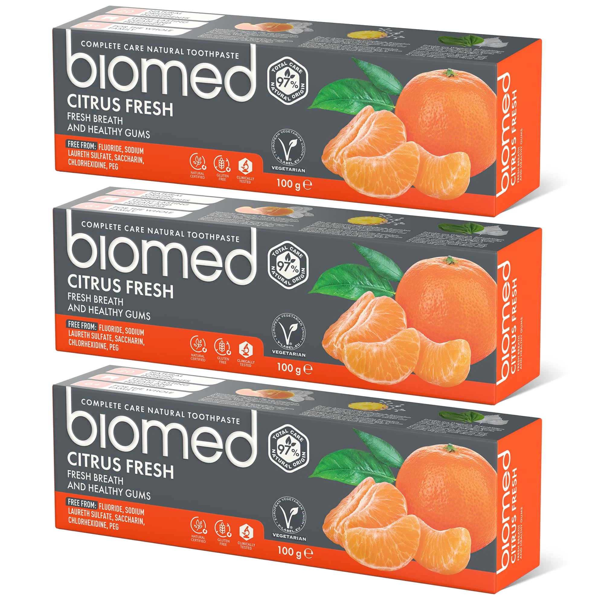 Biomed Citrus Fresh 97% Natural Toothpaste | Orange, Fresh Breath, Healthy Gums | Mandarin Grapefruit Lemon Essential Oils, Fruit Flavour, Vegetarian, SLES Free 100g (Pack of 3)