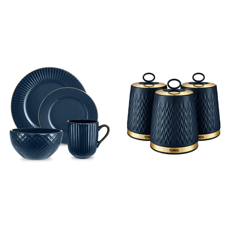 Tower T867002MNB Empire 16 Piece Dinnerware Set, Stoneware, Midnight Blue and Brass & Empire Kitchen Storage Canisters, Tea Coffee Sugar Set