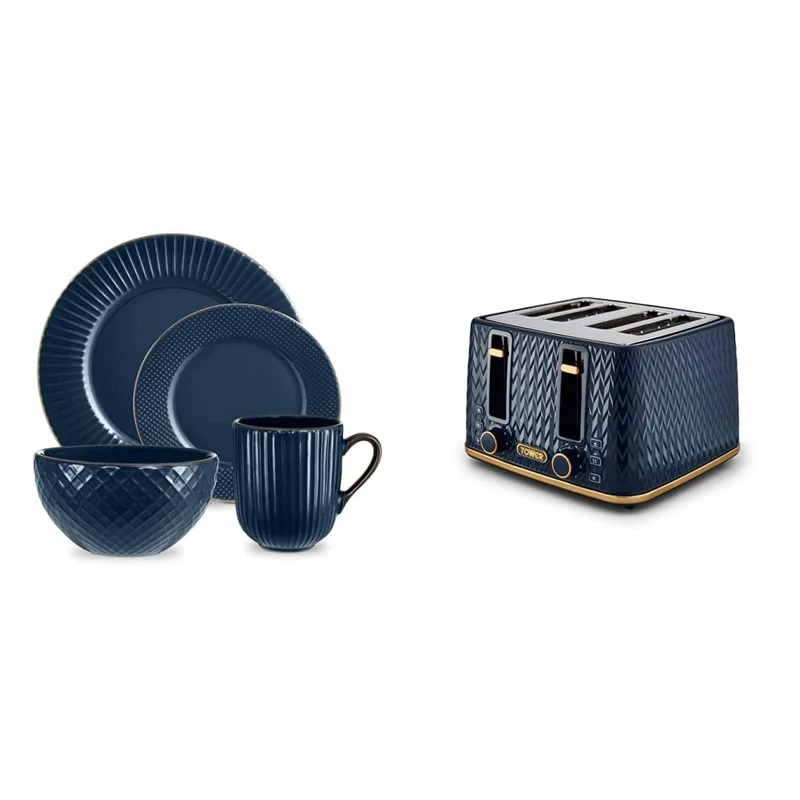 Tower T867002MNB Empire 16 Piece Dinnerware Set, Stoneware, Midnight Blue and Brass & T20061MNB Empire 4-Slice Toaster with Defrost/Stop, Removable Crumb Tray, 1600W, Midnight Blue with Brass Accents