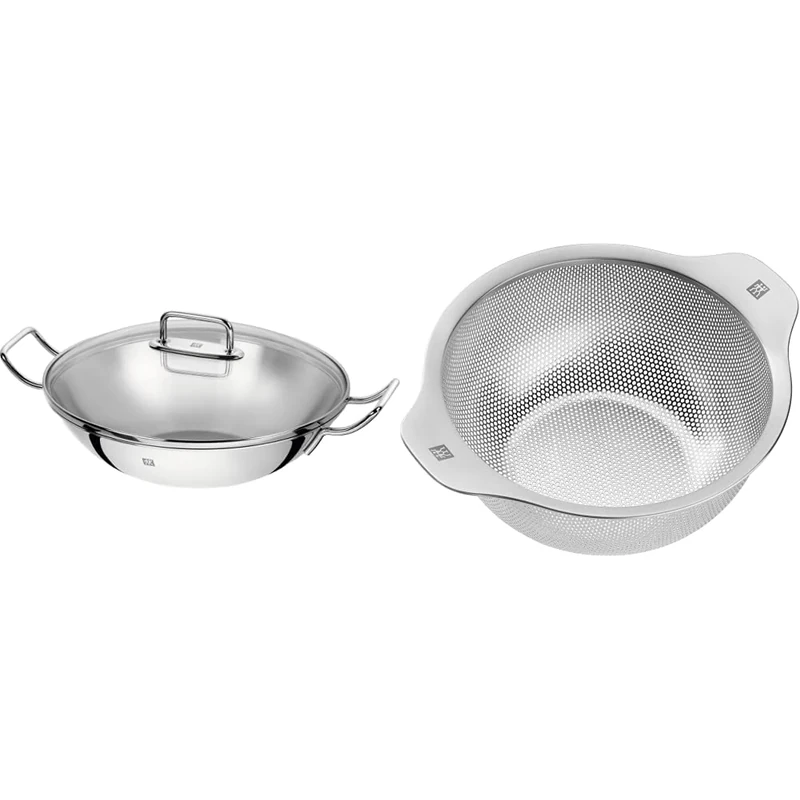 ZWILLING 40992-332-0 Wok, Incl. Glass Lid and Removable Grid Insert, Ø 32 cm, Stainless Steel, Plus, Silver & Stainless Steel Colander, 16 cm, Matte Stainless Steel, 17 x 16 x 8 cm