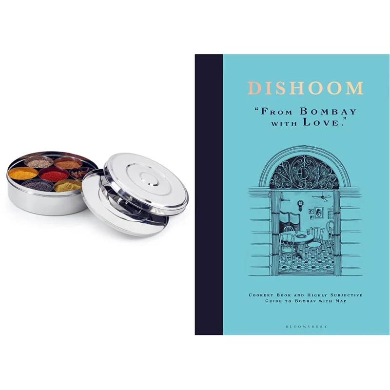 Zinel 7117 Spice Box/Masala Dabba with 7 Comparments and 2 Stainless Steel Lids, Silver, 24 cm & Dishoom: The first ever cookbook from the much-loved Indian restaurant - Image 1