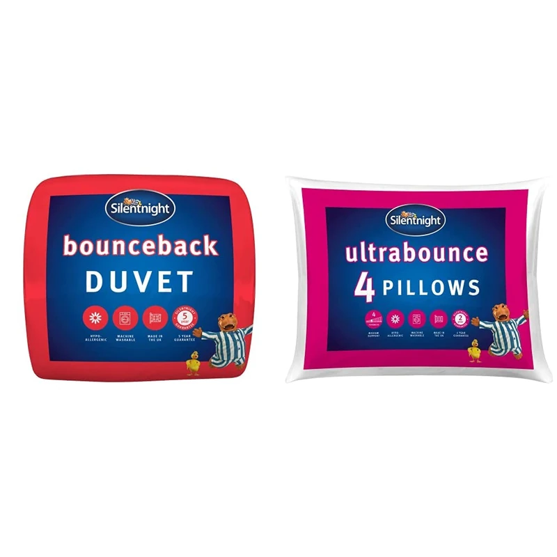 Silentnight Bounceback Duvet Winter Warm Quilt Machine Washable and Hypoallergenic - Double,White, 13.5 Tog & Ultrabounce Pillows Pack of 4 – Medium Support Soft Bouncy Hotel Bed Pillows 4 Pack