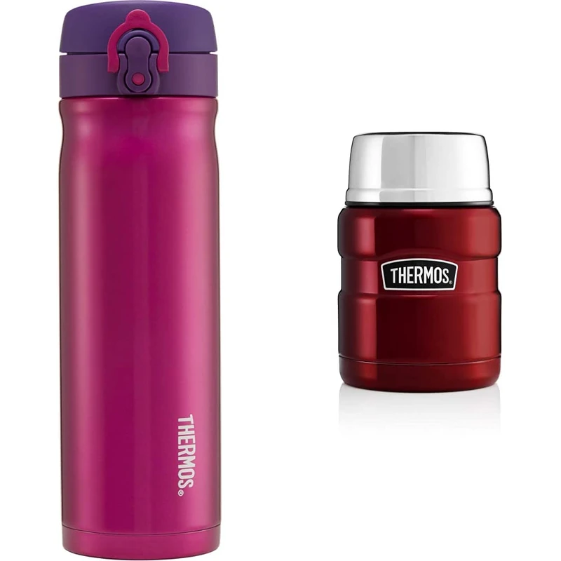 Thermos Stainless Steel Direct Drink Flask, 500 ml - Pink & 184807 Stainless King Food Flask, Cranberry Red, 0.47 L