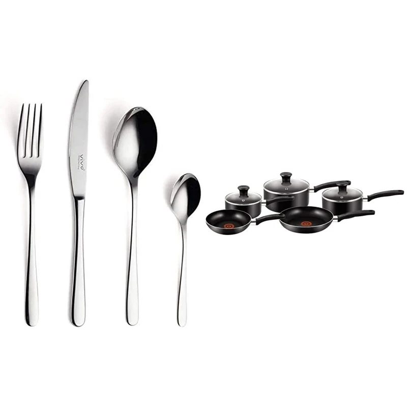 Villeroy & Boch 19-5317-9030 Vivo Group-New Fresh Basic Service, 24 Pieces, Universal Cutlery Set Day Use, 18/10 Stainless Steel, Silver & Tefal 5 Piece, Essential, Pots and Pans Set, Black, 5 Count