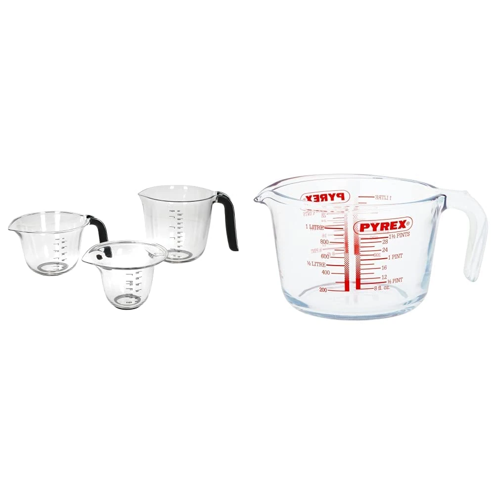 KitchenAid Universal Measuring Jugs, Set of 3, 250ml, 500ml and 1L, Onyx Black & Pyrex Glass Measuring Jug, Transparent, 1 Litre