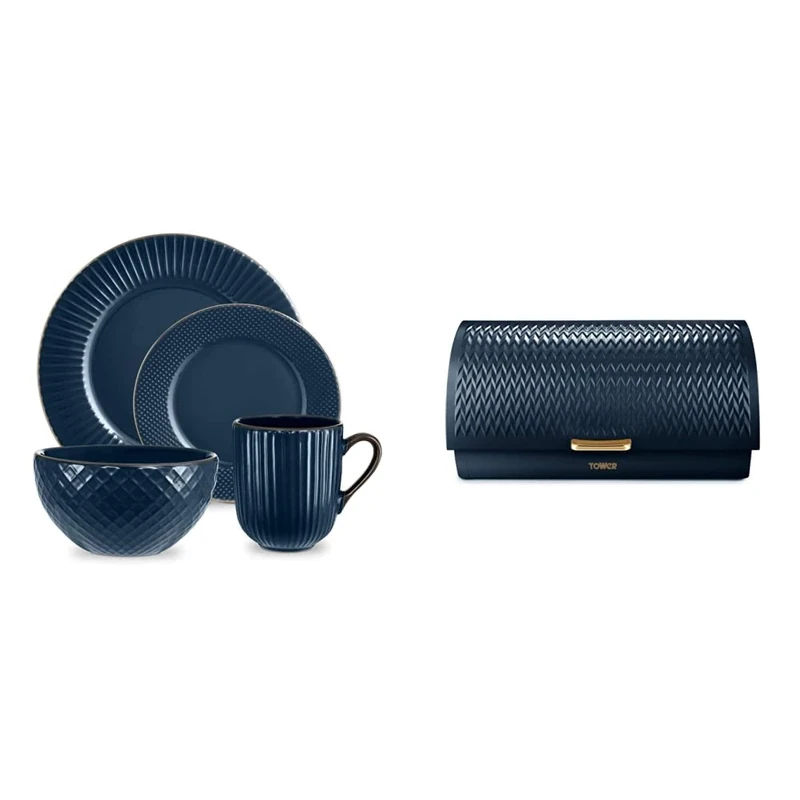 Tower T867002MNB Empire 16 Piece Dinnerware Set, Stoneware, Midnight Blue and Brass & T826090MNB Empire Roll Top Bread Bin, Stainless Steel, Midnight Blue and Brass