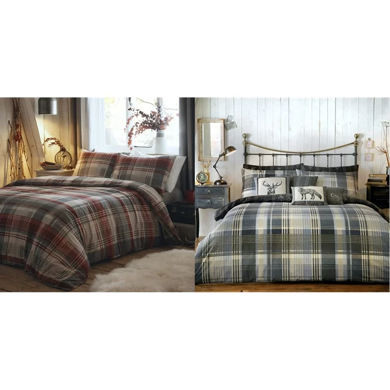 Dreams & Drapes Connolly-100% Brushed Duvet Cover Set, Cotton, Red, 1 pc, King & Connolly Check-Brushed Cotton Duvet Cover Set, Charcoal, King