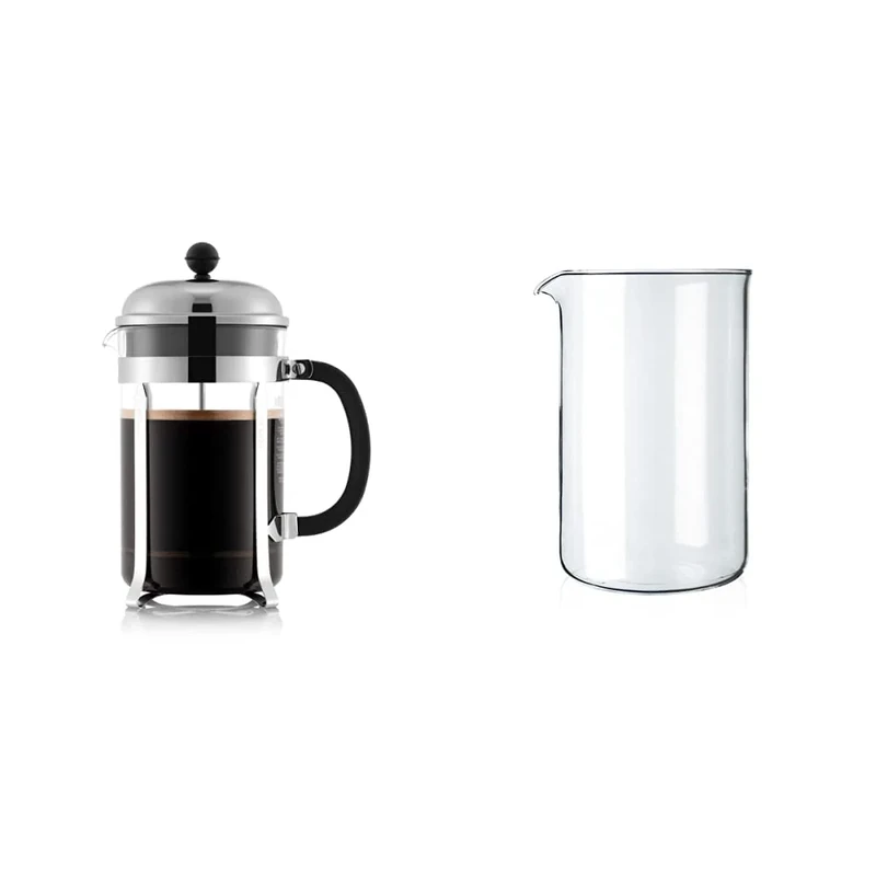 BODUM Chambord 12 Cup French Press Coffee Maker, Chrome, 1.5 l, 51 oz & 1512-10 12 Cup Coffee Press Beaker, Glass - Transparent, 1.5L