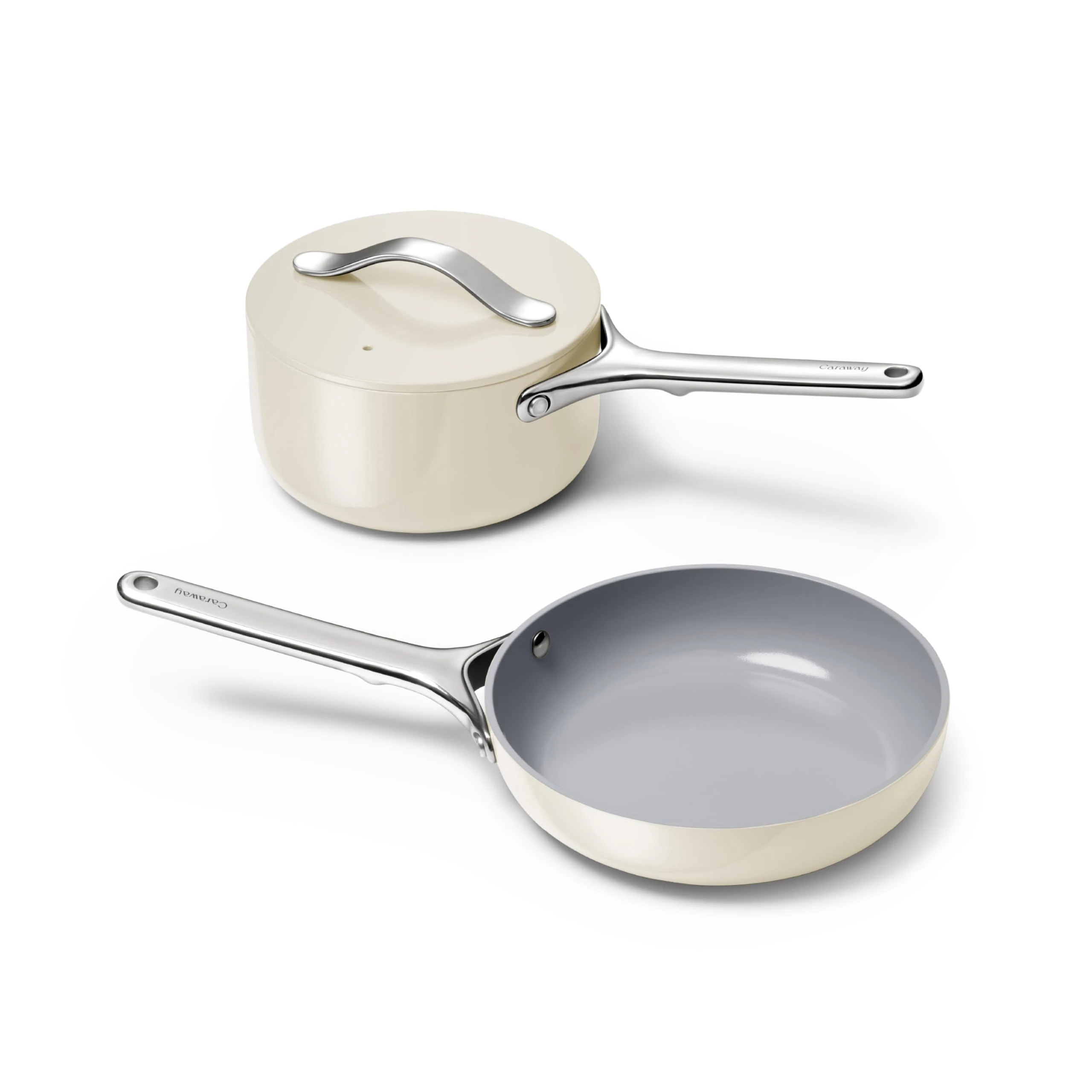 Caraway Mini Cookware Set - Non-Stick Ceramic Fry Pan (1.05 qt, 8") Sauce Pan (1.75 qt) & Storage Rack - Non Toxic, PTFE & PFOA Free - Oven Safe & Stovetop Agnostic (Gas, Electric & Induction) - Cream