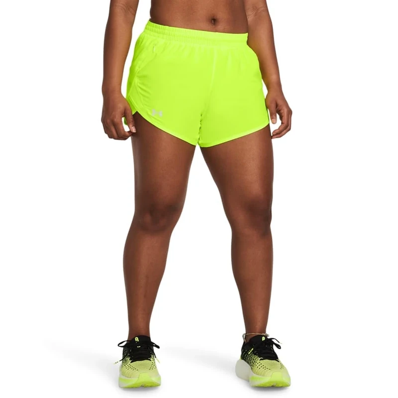 Under Armour Women's Fly by 3in Shorts, Lightweight and Comfortable Women's Gym Wear, Ladies' Sports Shorts with Ventilation Panels and Zip Pocket,High Vis Yellow/High Vis Yellow/Reflective,XXL