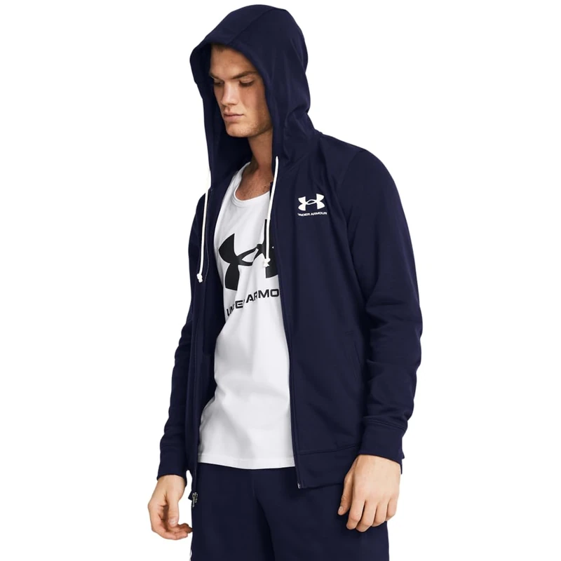 Under Armour Men's Rival Terry Left Chest Full Zip, Lightweight Men's Gym Top with Zip, Comfortable Sports Top for Warm-Ups and Training,Midnight Navy / / Onyx White,XS