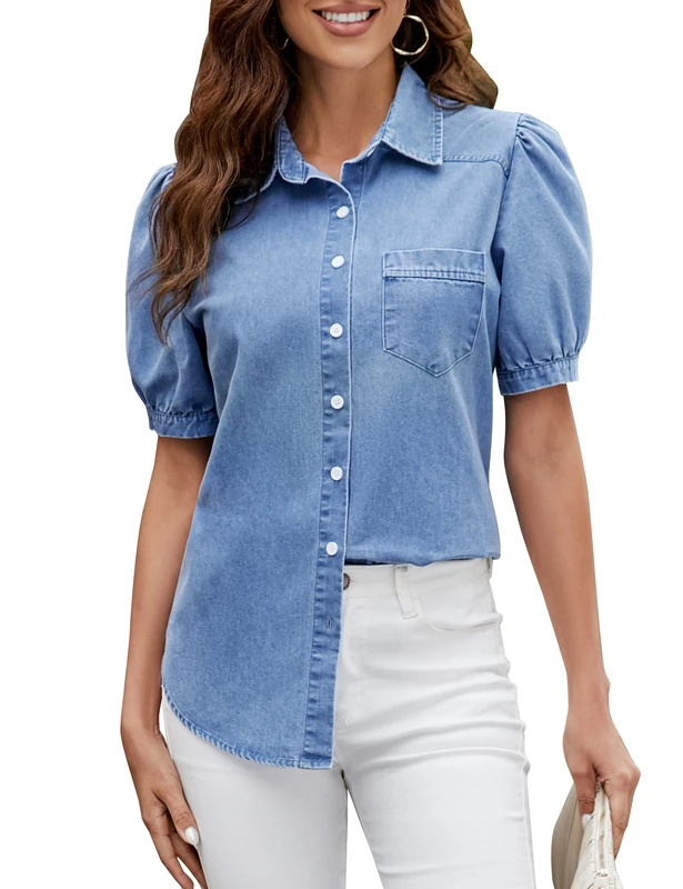 BMJL Womens Denim Shirt Business Casual Button Down Work Blouses Puff Sleeve Summer Tops, Sky Blue, L - Image 1
