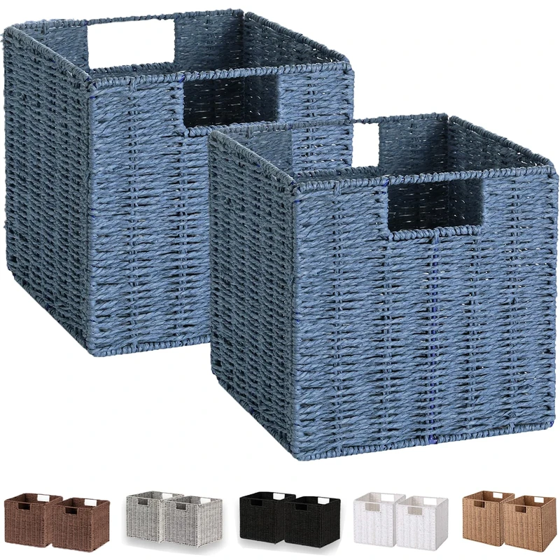 Vagusicc Hand Woven Wicker Storage Baskets for Shelves with Handles - Foldable Storage Baskets for Pantry, Bedroom, Organization and Decoration - Set of 2 Blue -