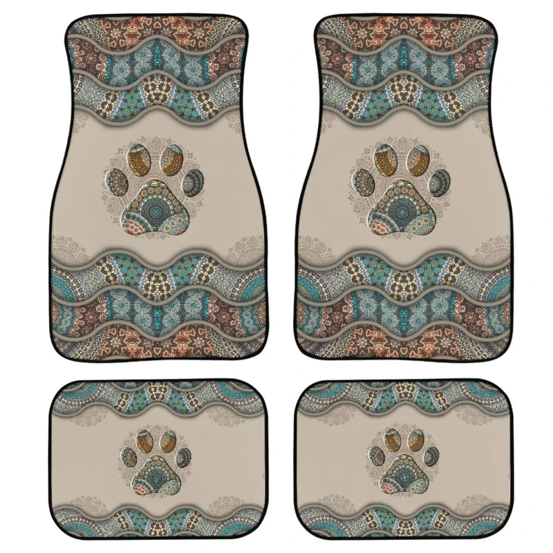 Poceacles Universal Fit Anti-Slip Cushion Set of 4 Piece Boho Dog Paw Print Car Floor Mats All-Weather Automotive Front & Rear Foot Carpets Heavy Duty Protection Car Mat