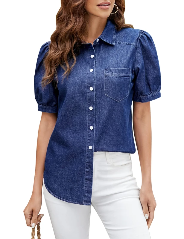 BMJL Womens Denim Shirt Business Casual Button Down Work Blouses Puff Sleeve Summer Tops, Dark Blue, XL