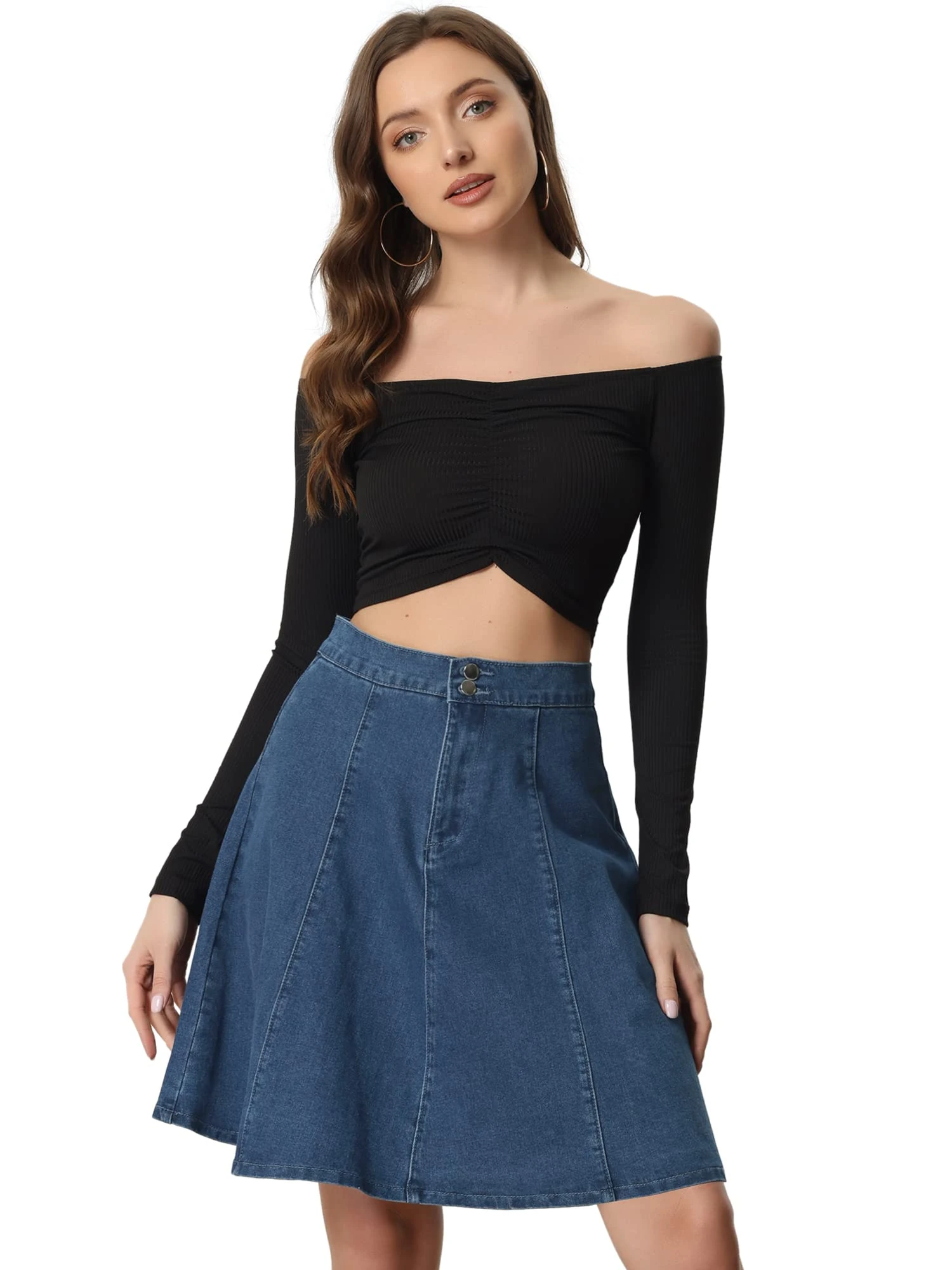 Allegra K Women's High Waisted A-Line Flared Casual Denim Skirt Dark Blue XL