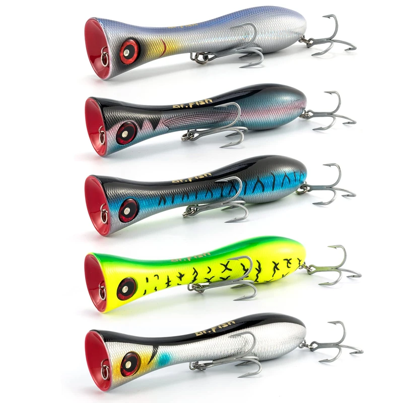 Dr.Fish 5 Pack Topwater Popper Saltwater Fishing Lures Kit, 8 Inches GT Popper VMC Treble Hooks Surf Fishing Lures for Striper Tuna Bluefish Mackerel Snapper Barracuda Pencil Plugs Offshore