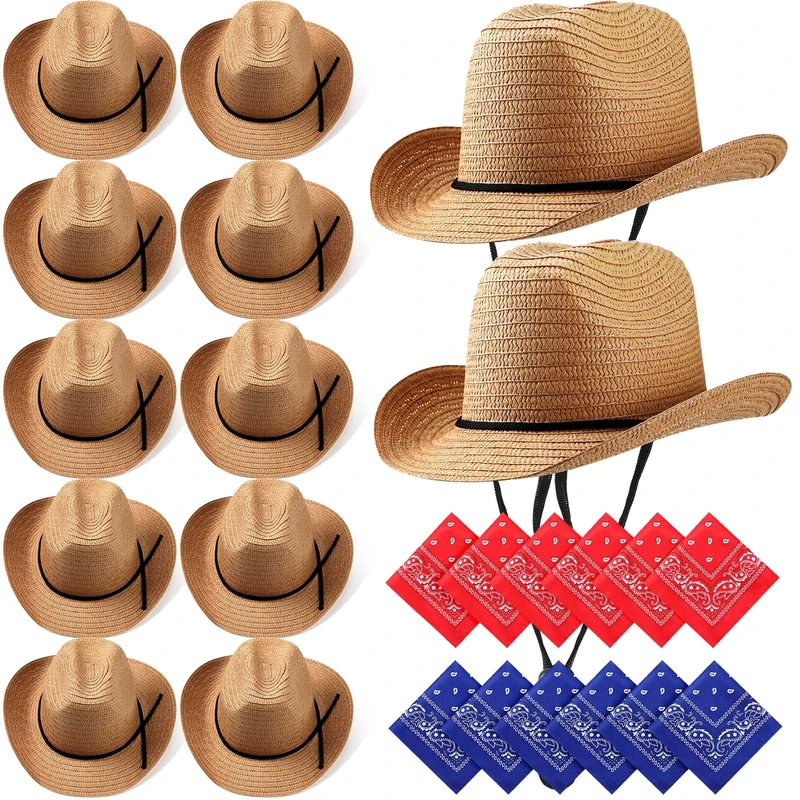 SATINIOR 12 Set Straw Cowboy Hats & Bandanas - Cowboy Party Hat Costume with Head Bandana, Khaki, Classic Style - Image 1