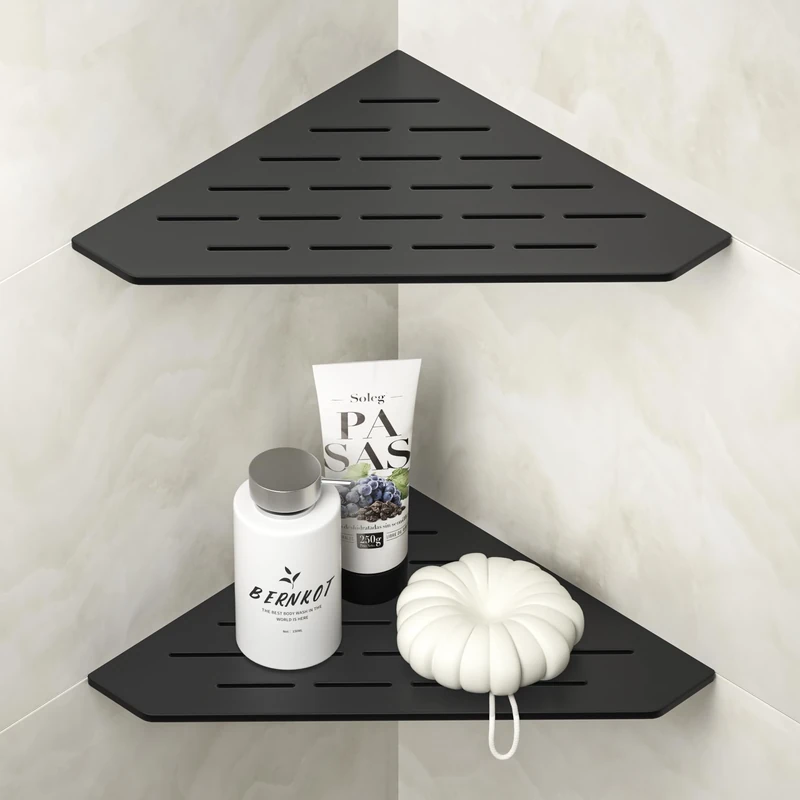 Bernkot Corner Shower Shelf 10" Matte Black 304 Stainless Steel Pentagonal Heavy Duty Floating Corner Sheves Slot Design Recessed Bathroom Shelf for Tiled Wall 2 Pack, No Drilling Needed