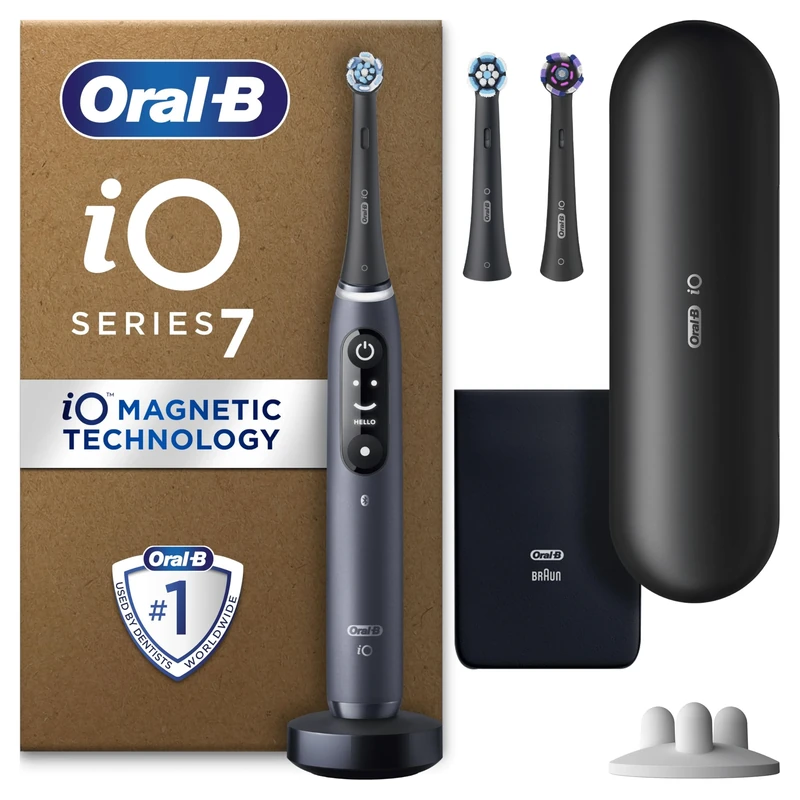 Oral-B iO7 Electric Toothbrushes For Adults, App Connected Handle, 3 Toothbrush Heads, Travel Case & Toothbrush Head Holder, 5 Modes with Teeth Whitening, Black