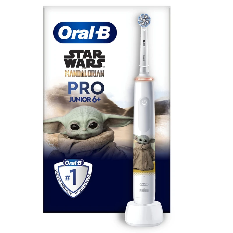 Oral-B Pro Junior Kids Electric Toothbrush, 1 Star Wars Mandalorian Handle, 1 Toothbrush Head, 3 Modes with Kid-Friendly Sensitive Mode, For Ages 6+, 2 Pin UK Plug