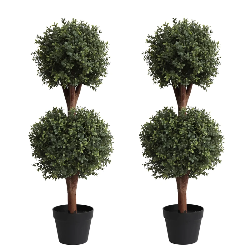 （Set of 2） Lifelike 3Ft arfiticial Double Ball Topiary Trees Outdoor Faux Topiary Tree for Out Door Porch Decor