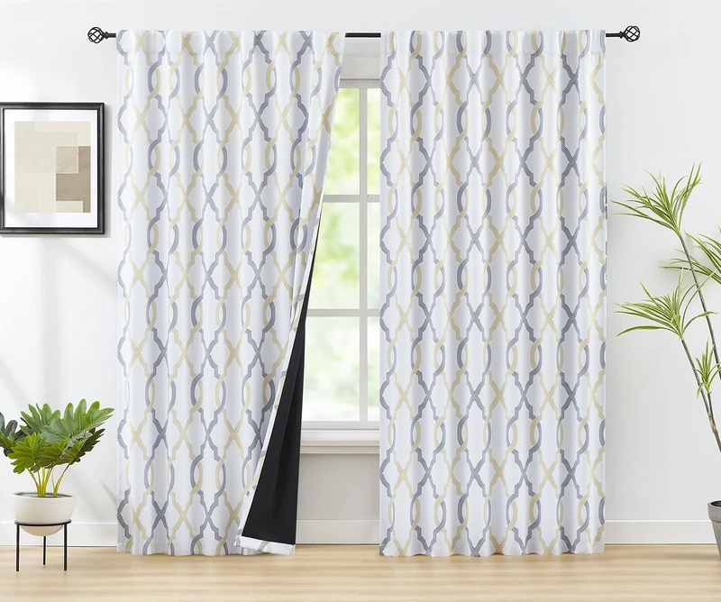 Fmfunctex 100% Blackout Curtains 84 Inches Long for Bedroom, Yellow Grey on White Geometric Patterned Drapes for Living Room, Thermal Insulated Moroccan Window Curtains Rod Pocket/Back tab 2 Panels
