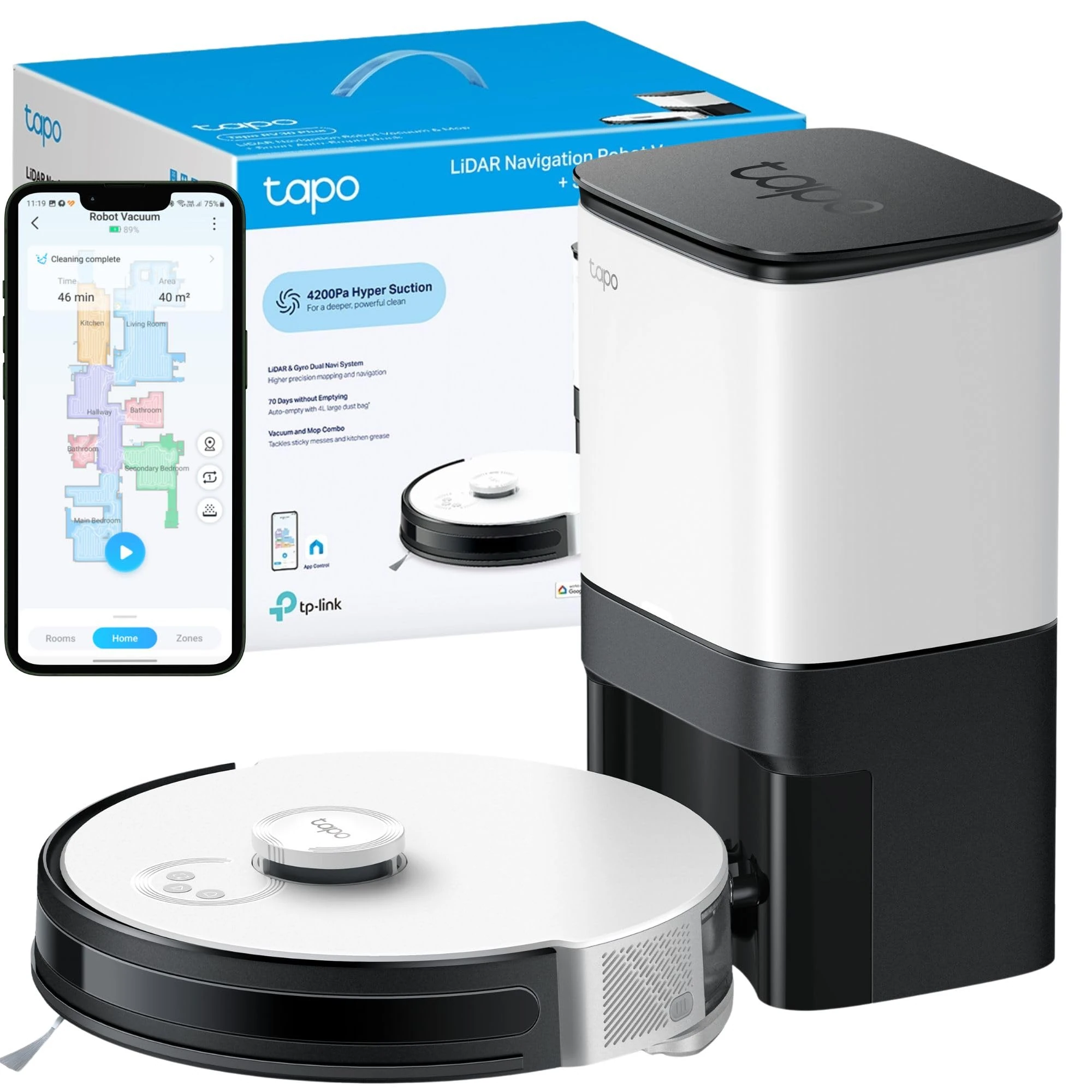 Tapo Smart Robot Vacuum, Advanced Mop and Self Emptying Technology, 70 Days Hands-Free Cleaning,4200Pa Suction, Robot Vacuum Cleaner with Mop, Robotic Vacuums Works with Alexa&Google RV30 Plus