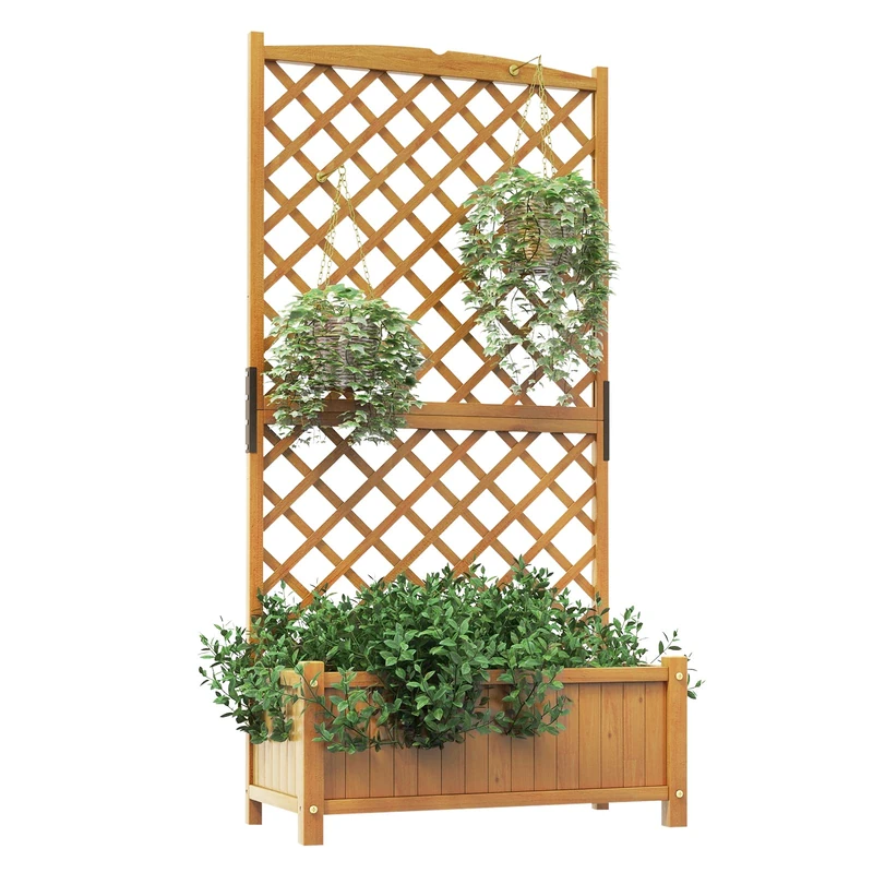 GiantexUK Garden Planter with Trellis, Wooden Raised Bed Climbing Support with Drain Holes, Outdoor Elevated Flower Pots Planting Box for Vegetables Herbs (No Hanging Roof, Dark Natural, 90x45x180cm)