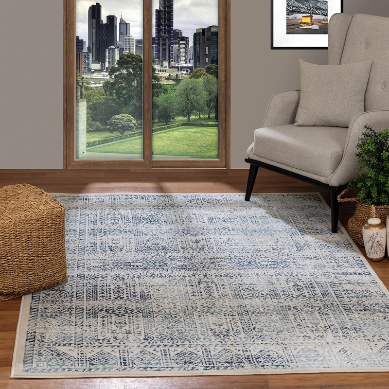 Livabliss Evora Vintage Rug - Area Rugs for Living Room 160x216 cm, Bedroom - Scandi Neutral Rugs, Traditional Patterned Boho Style, Natural Easy Care Pile - Large Rug, Dark Blue and Ivory