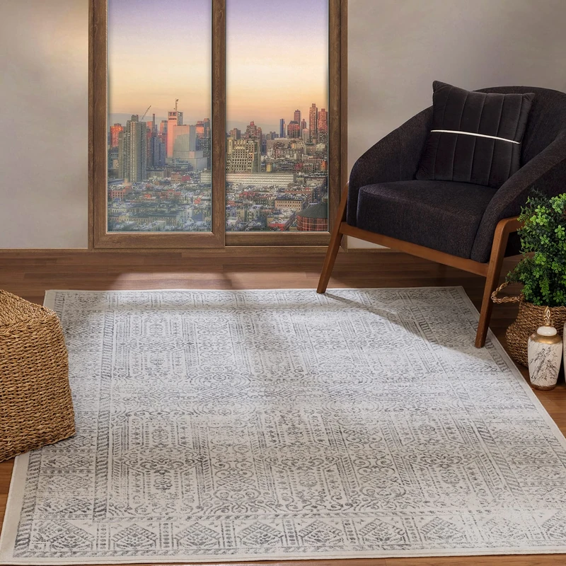 Livabliss Evora Vintage Rug - Area Rugs for Living Room 160x216 cm, Bedroom - Scandi Neutral Rugs, Traditional Patterned Boho Style, Natural Easy Care Pile - Large Rug, Grey, Slate and Ivory