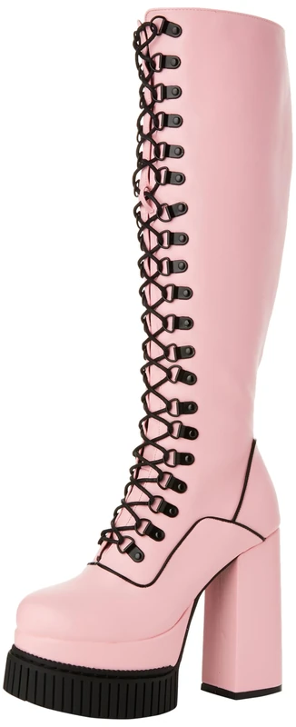 Lamoda Hidden Agenda PinkPU Creeper Platform Knee High Boots for Women, Chunky Elevated Sole, Padded Interior for Comfort, Sleek Lace-Up Design, Perfect for Casual and Party Outfits, UK8