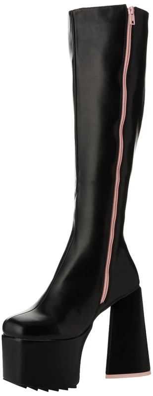 Lamoda Wide Eyed Black Pink Chunky Platform Knee High Boots UK5, stretch PU upper, lace up knee high fit, cushioned insole for comfort, bold streetwear style, versatile casual and party footwear