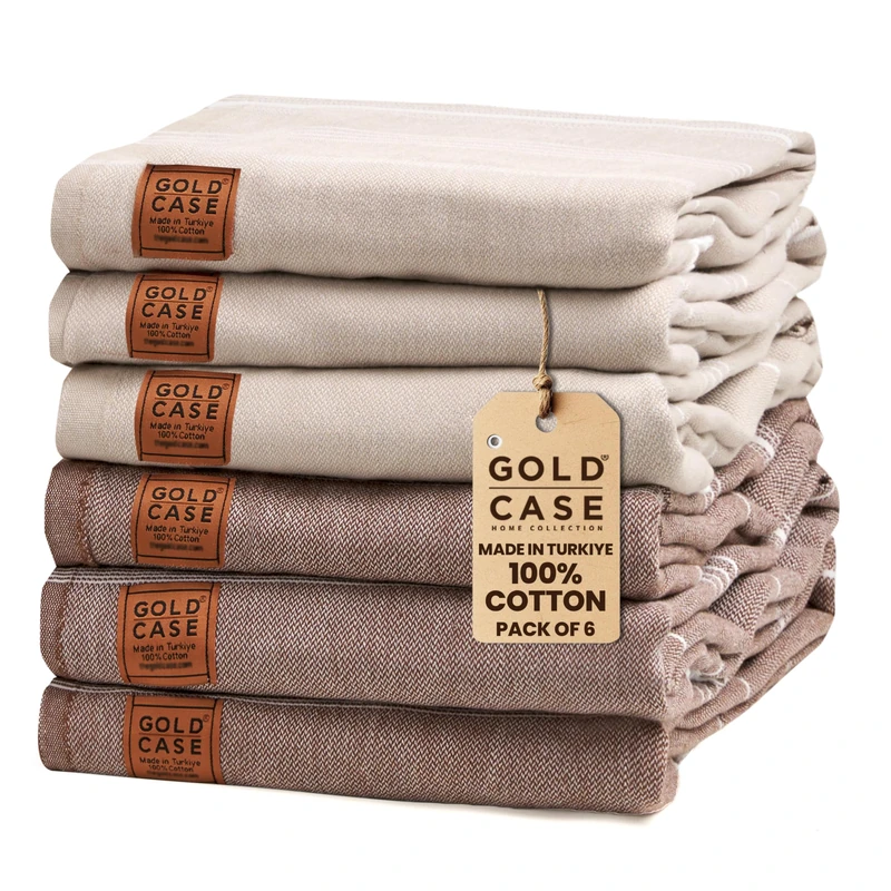 Gold CASE Turkish Beach Towel - Set of 6-100% Cotton - 70x38 inches XXL Oversized - PRE-Washed - Quick Dry Sand Free Turkish Towel - Lightweight Bath Towels (Lycia-Beige-Brown)